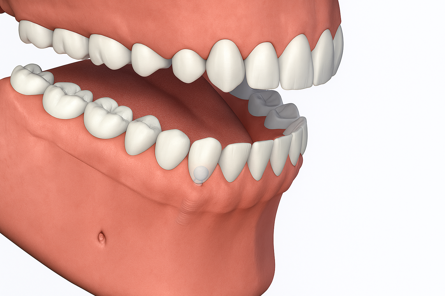 A mouth with a Ball Attachment Denture latched onto the lower jaw by two implants