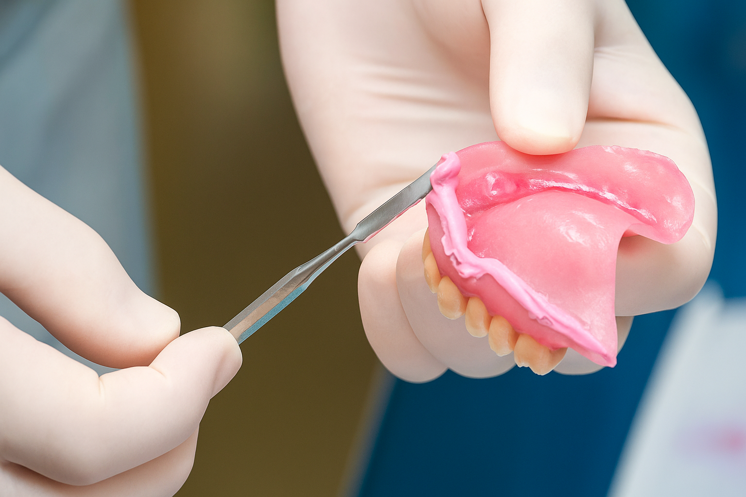 A doctor examining the dentures of an elderly patient