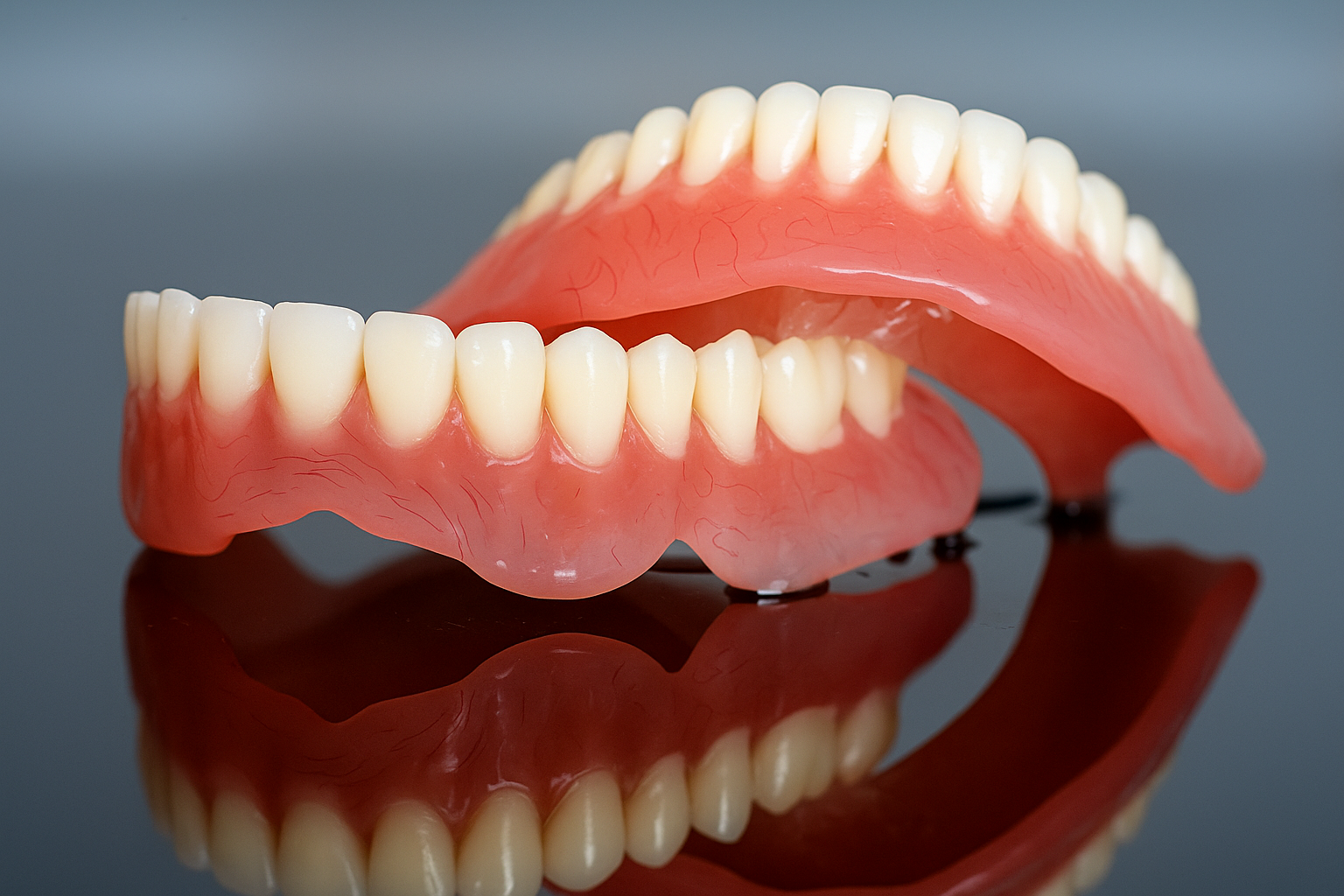 A smiling elderly woman with dentures