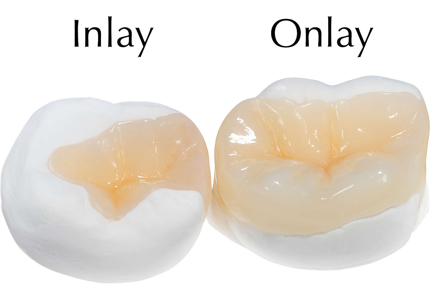 A dental model showing an inlay and an onlay