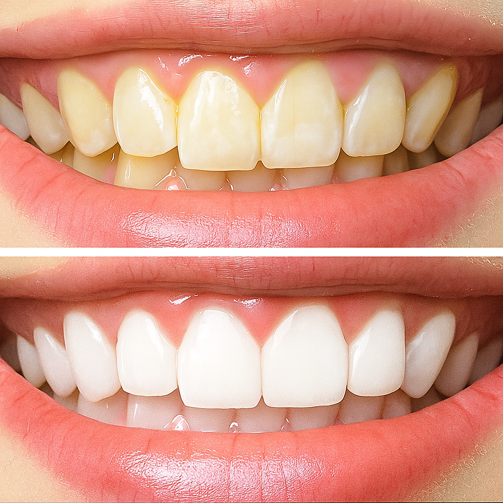 A bright, white smile, showcasing the results of teeth whitening.